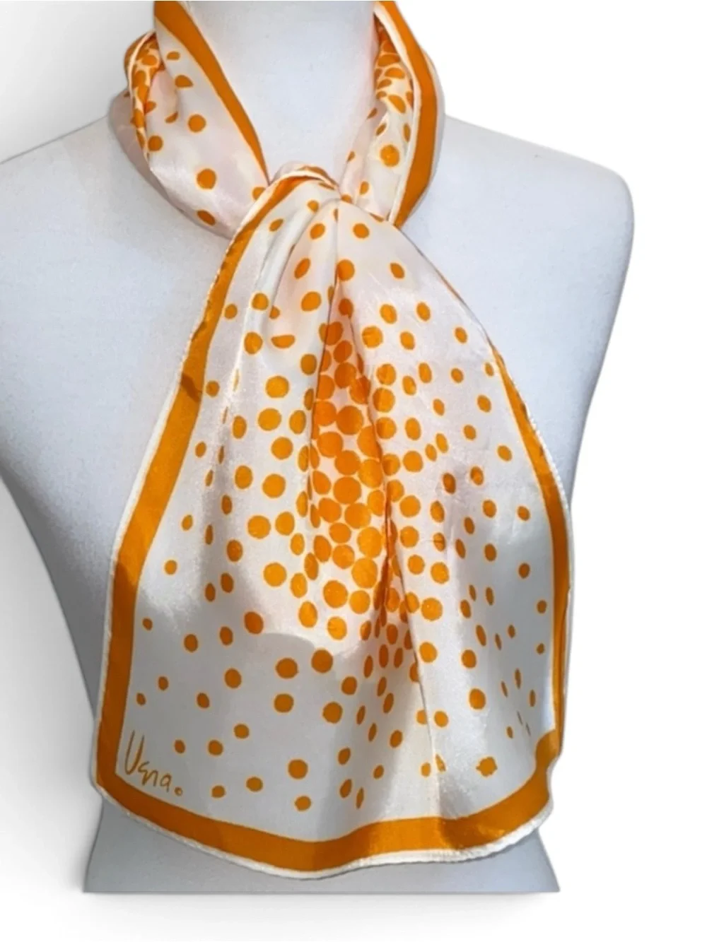 Vintage Vera Scarf Orange Ivory Polka Dot Acetate Long Oblong 42.5”